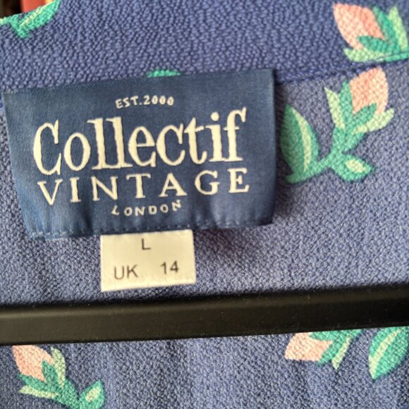 Collectif Vintage UK 14/US 10 Blue Floral Long Sleeve Button Front Bow Blouse - Picture 3 of 8